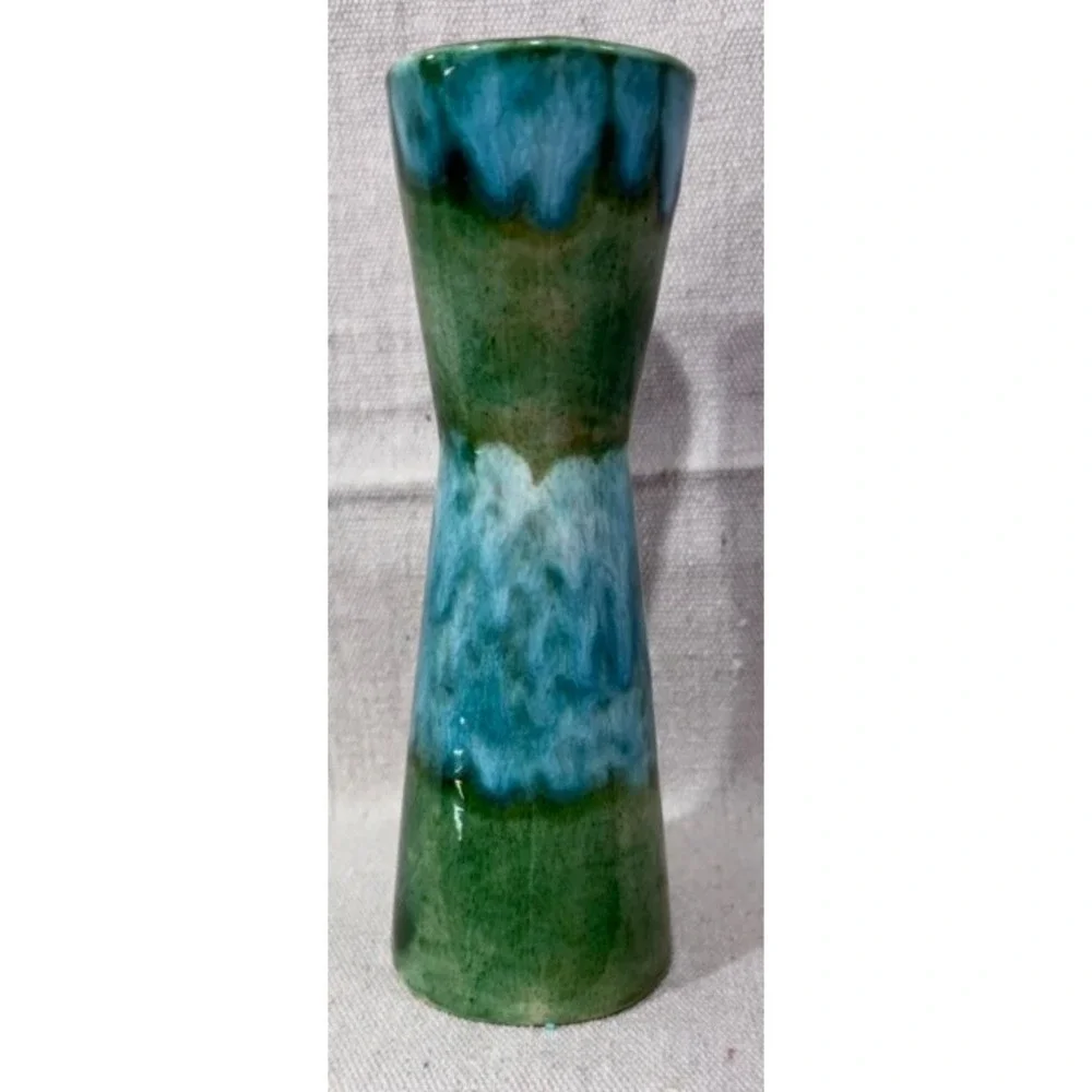 Vintage Yona Ceramic Hourglass Vase Green Turquoise Drip Glaze MCM Pottery 6.5